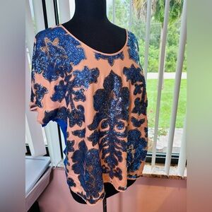 Tracy Reese Blue and Beige Floral Sequin Embroidered Short Sleeve Top XL